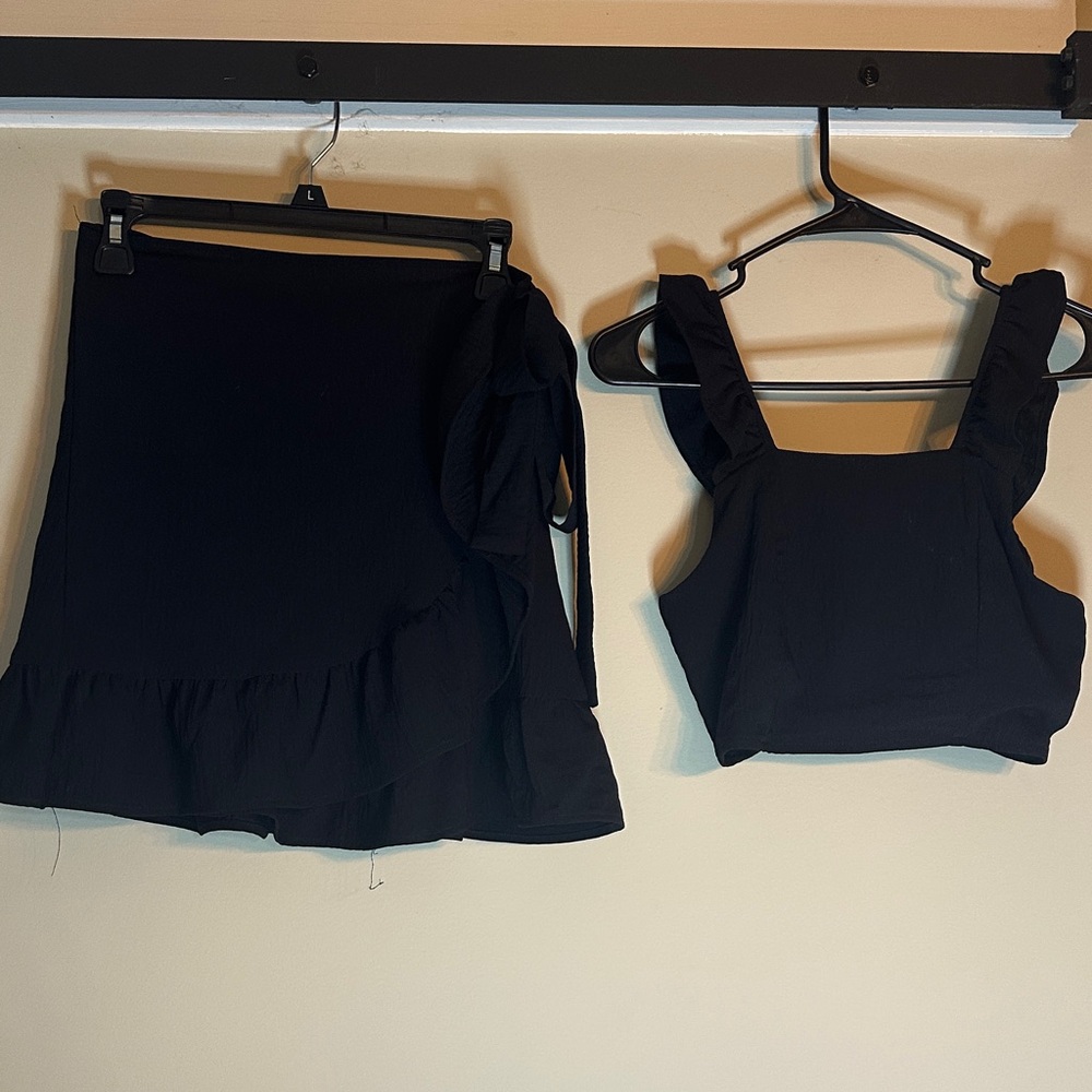 Pink Lily Black Ruffle Skirt and Crop Top Set
